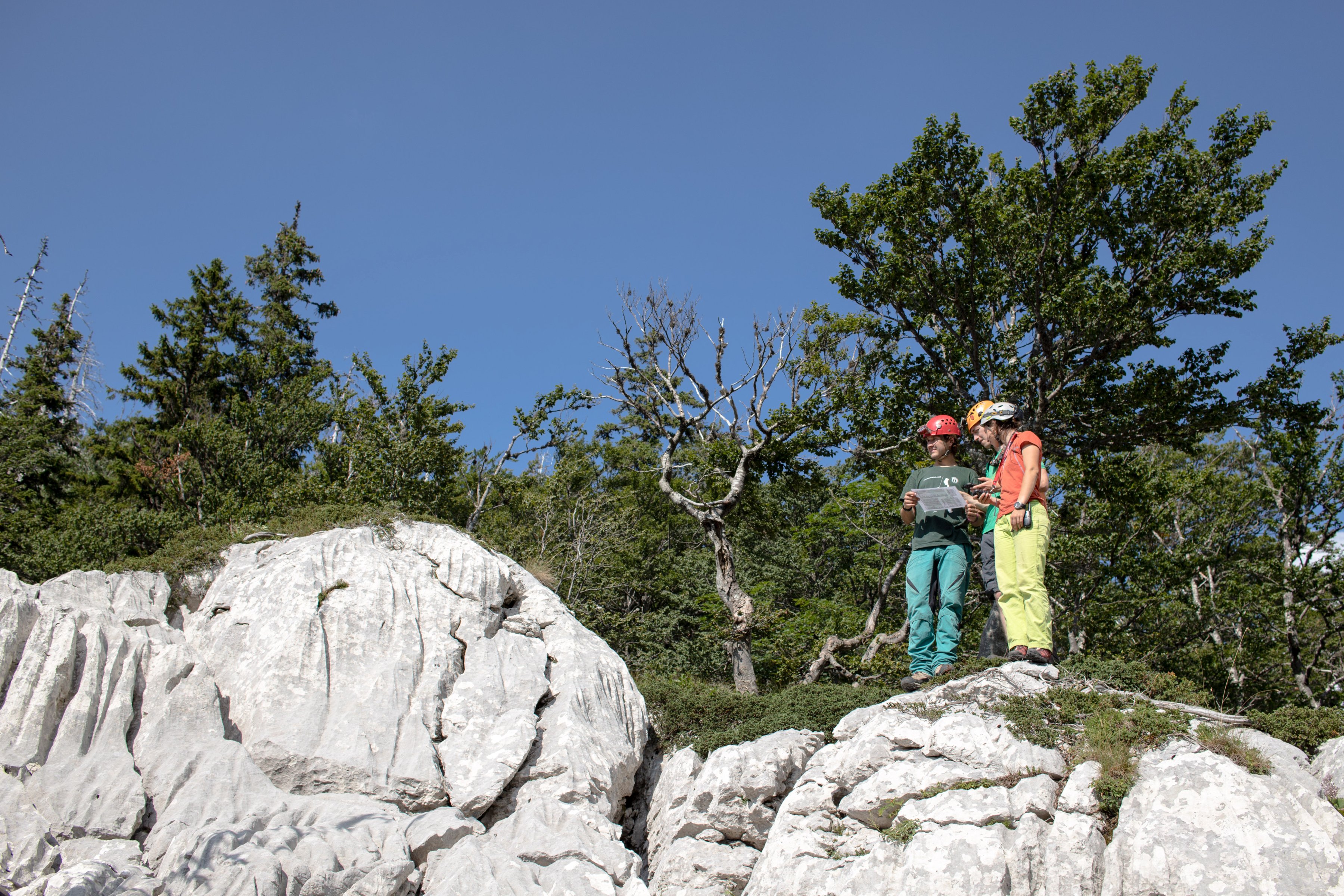 Orientierung im Gelände. Wie kommen wir um die Doline herum? Bild: Matthias Hardner.